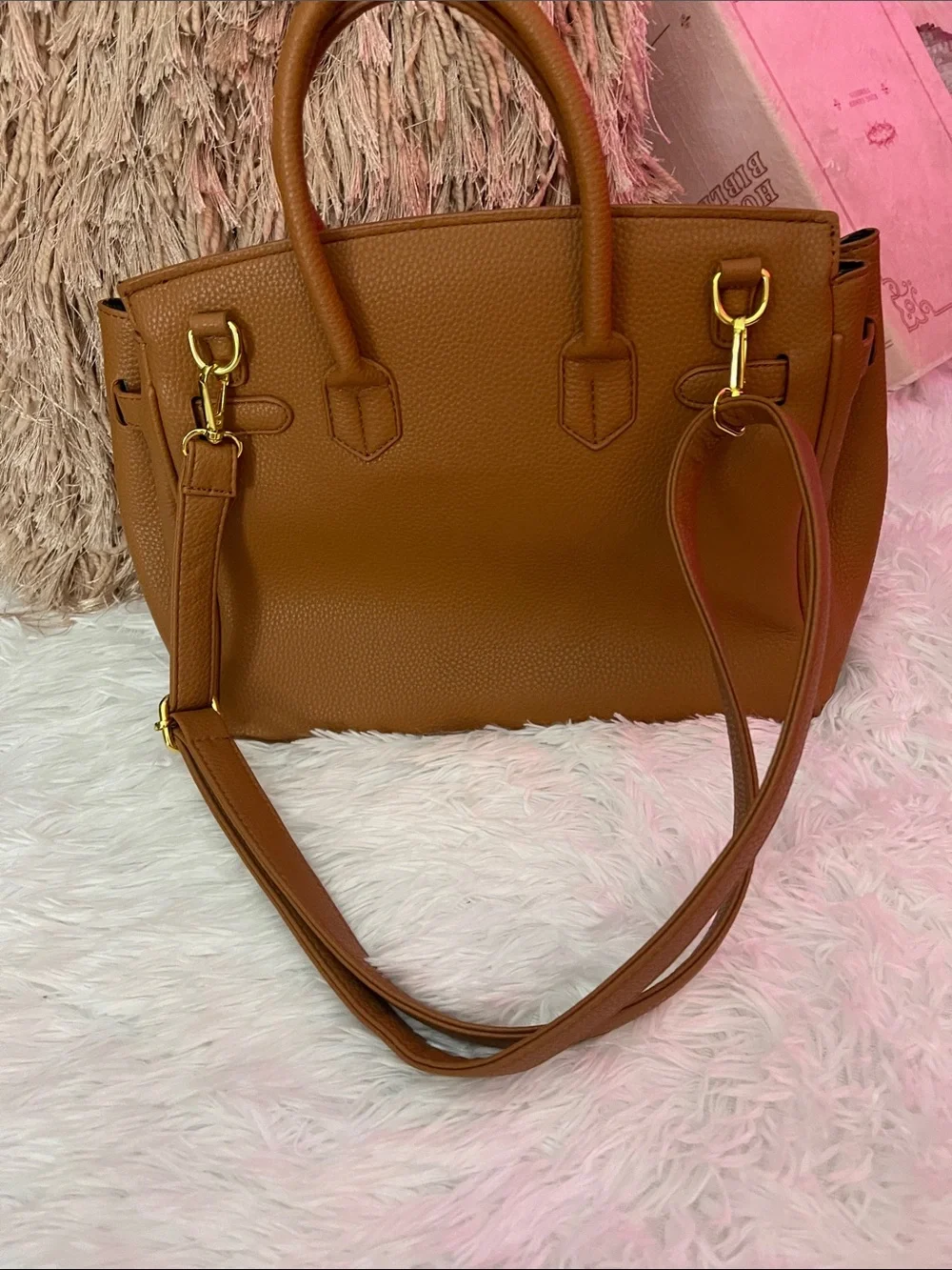 Classic Tan Leather Satchel Handbag with Gold Hardware